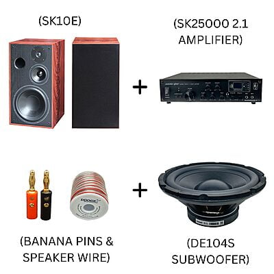 SK10E + SK25000 2.1 + DE104S + BANANA PIN + SPEAKER WIRE COMBO SET